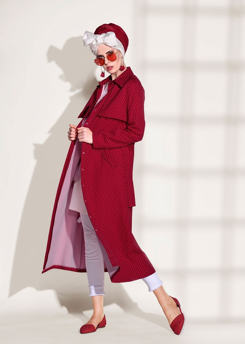 Vêtements hijab ROUGE BORDEAUX TRENCH-COAT CEINTURÉ À TAILLE POINTUE 3307 