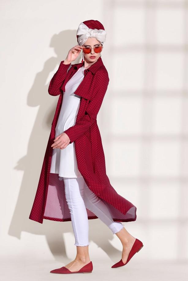 Vêtements hijab  SPOTTED BELTED TRENCH COAT 3307  - TRENDTESETTÜR