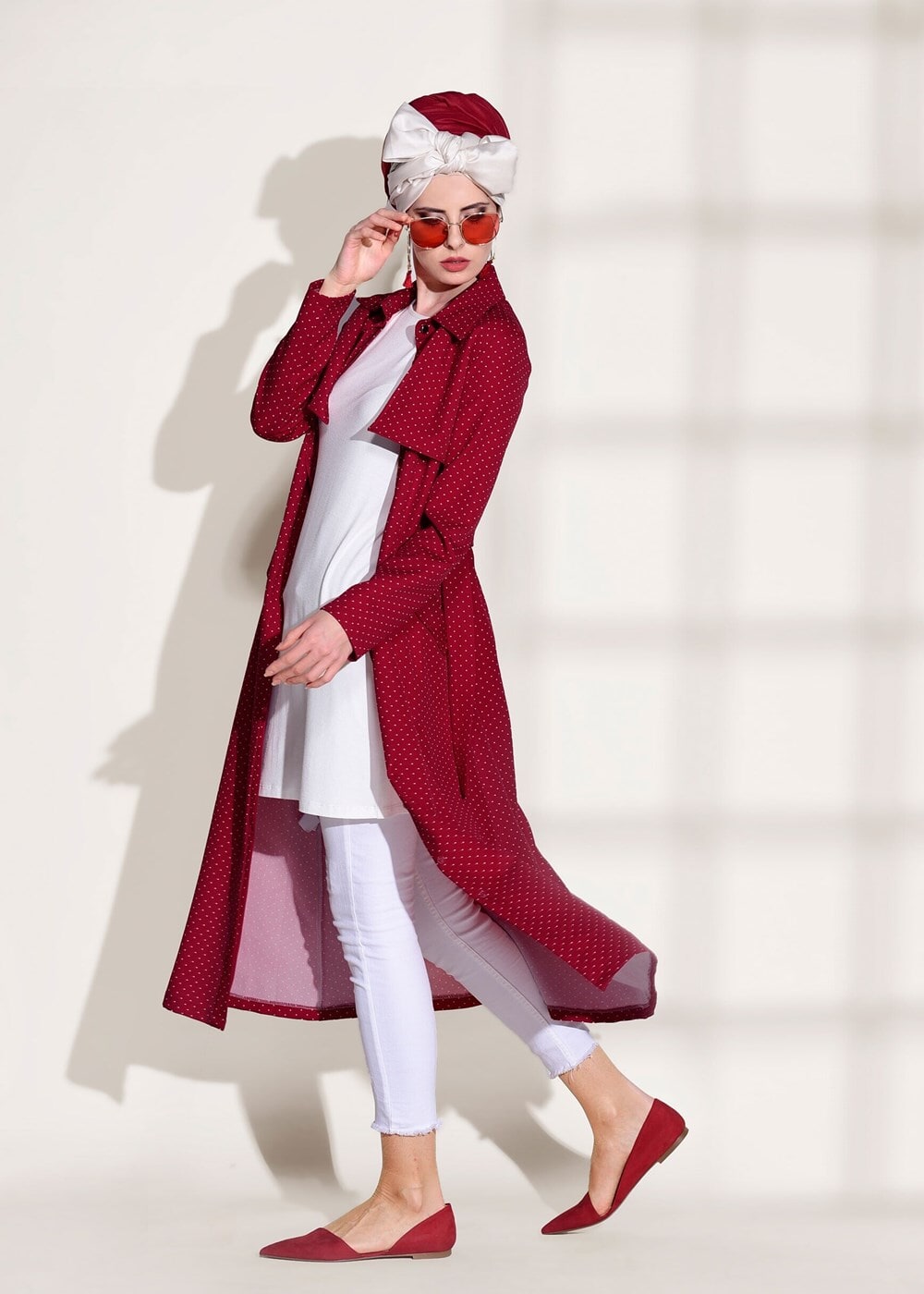 Vêtements hijab ROUGE BORDEAUX TRENCH-COAT CEINTURÉ À TAILLE POINTUE 3307 