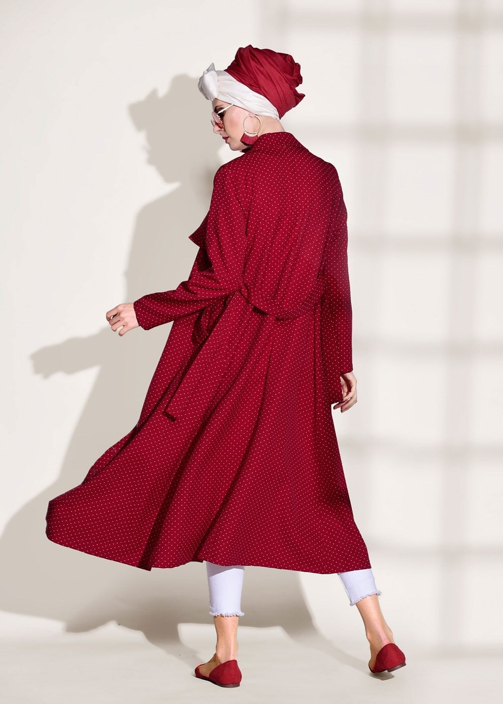 Vêtements hijab ROUGE BORDEAUX TRENCH-COAT CEINTURÉ À TAILLE POINTUE 3307 