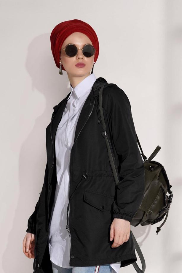 Hijab clothing  SHIRRED AT WAIST HOODED SPORTS TRENCH COAT 4108  - TRENDTESETTÜR