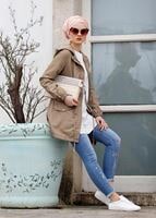 Tesettür giyim KAHVE KAPÜŞONLU BELİ BÜZGÜLÜ SPOR TRENÇKOT 4108 