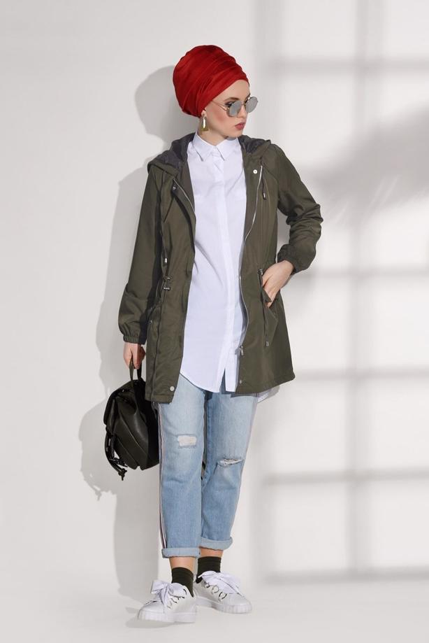 Hijab clothing  SHIRRED AT WAIST HOODED SPORTS TRENCH COAT 4108  - TRENDTESETTÜR