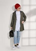 Tesettür giyim HAKİ KAPÜŞONLU BELİ BÜZGÜLÜ SPOR TRENÇKOT 4108 