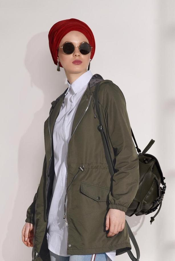 Hijab clothing  SHIRRED AT WAIST HOODED SPORTS TRENCH COAT 4108  - TRENDTESETTÜR