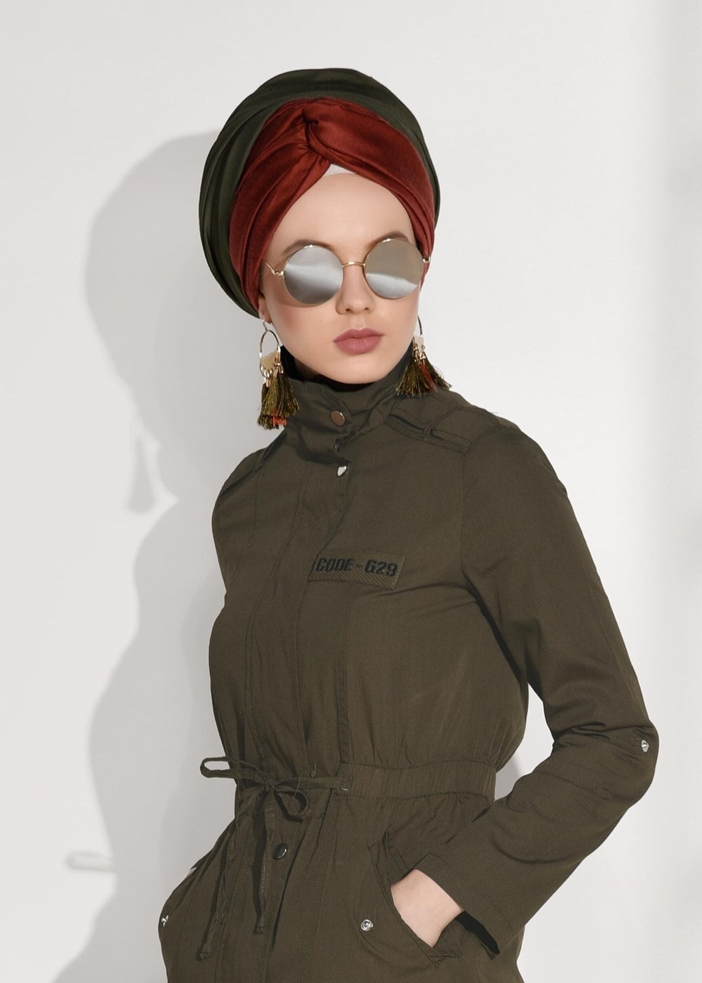 Tesettür giyim HAKİ BELİ BÜZGÜLÜ SPOR TRENÇKOT 5008