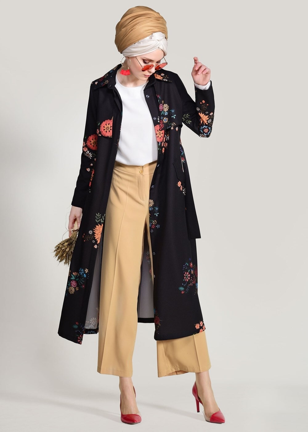 Vêtements hijab NOIR  TRENCH IMPRIMÉ FLORAL T 7718