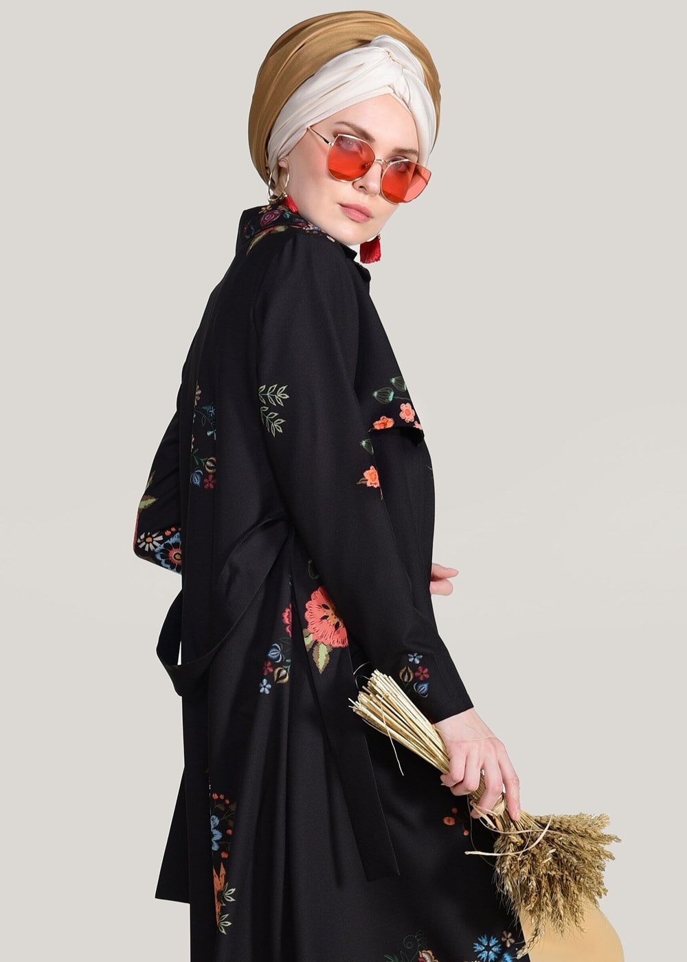 Vêtements hijab NOIR  TRENCH IMPRIMÉ FLORAL T 7718