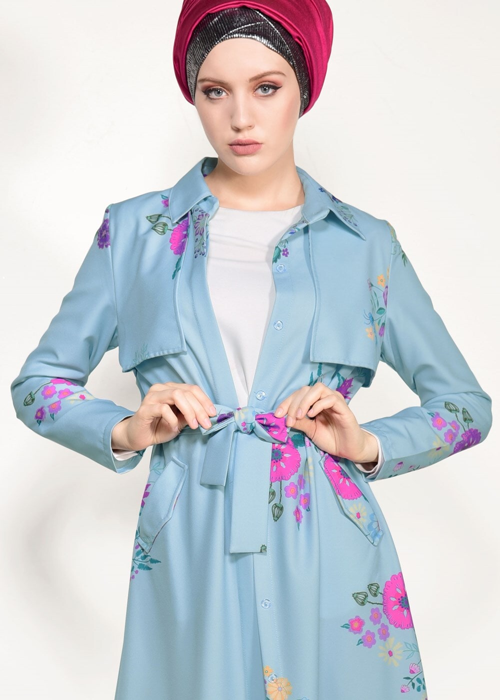 Vêtements hijab BLEU  TRENCH IMPRIMÉ FLORAL T 7718