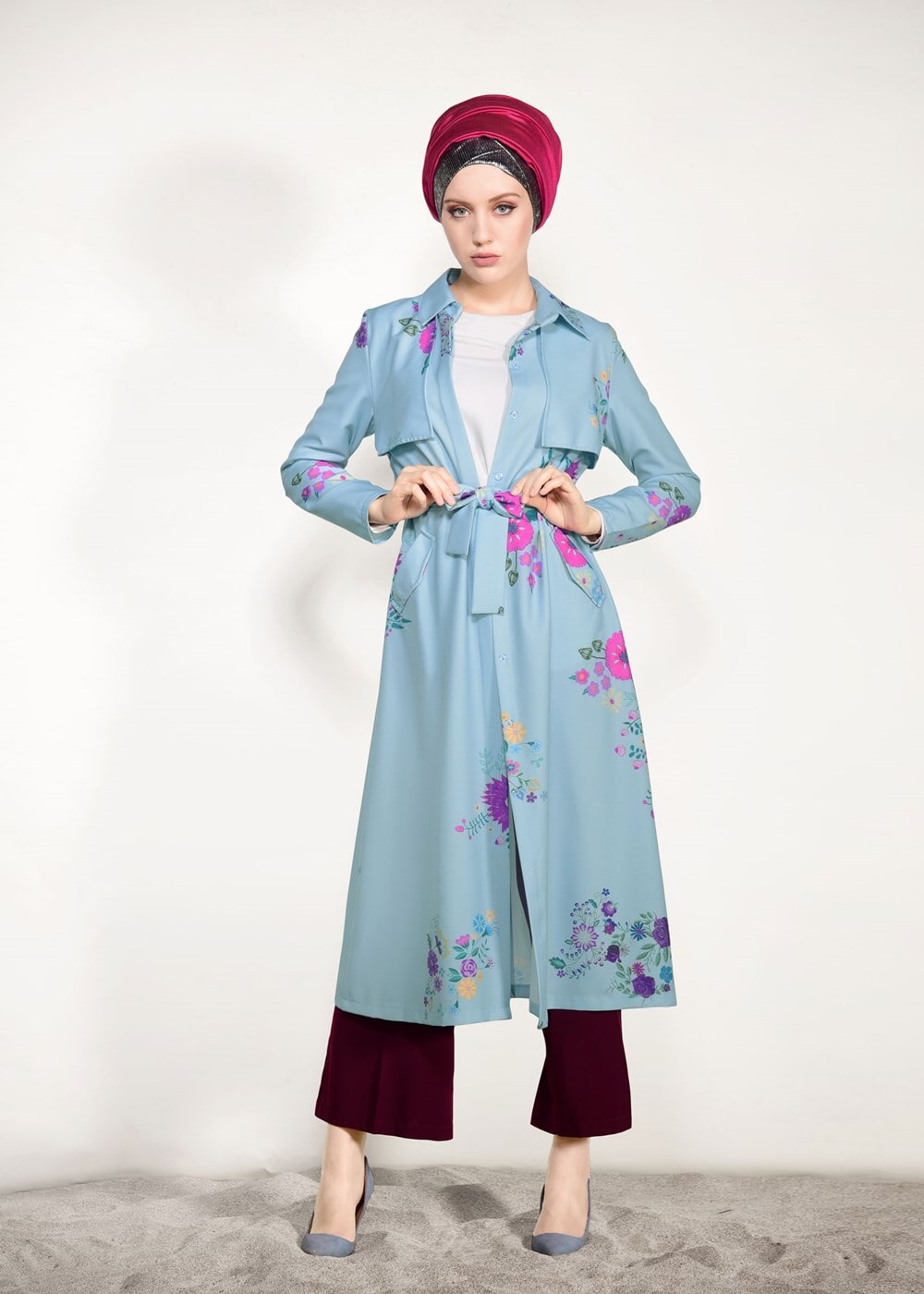 Vêtements hijab BLEU  TRENCH IMPRIMÉ FLORAL T 7718
