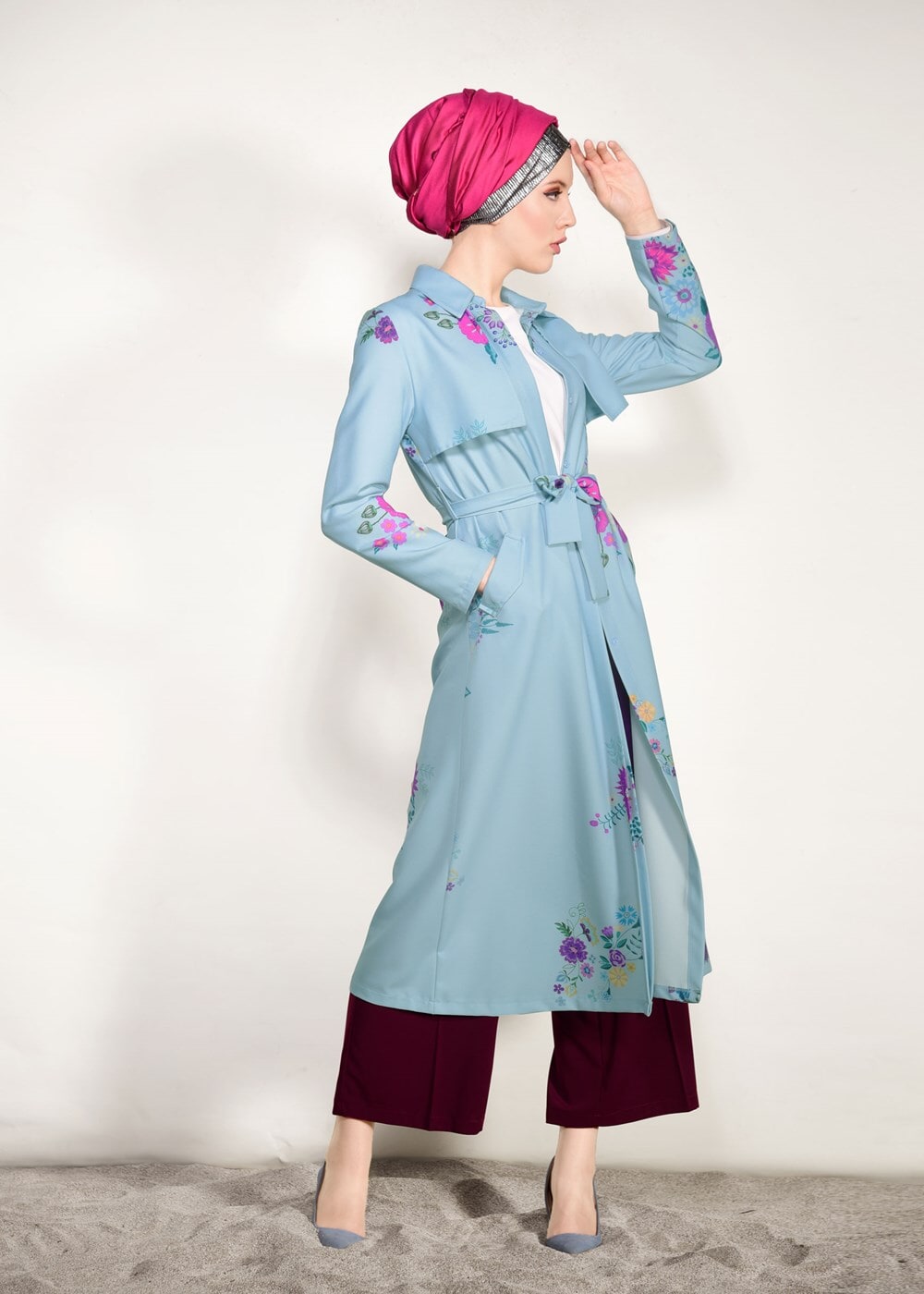 Vêtements hijab BLEU  TRENCH IMPRIMÉ FLORAL T 7718