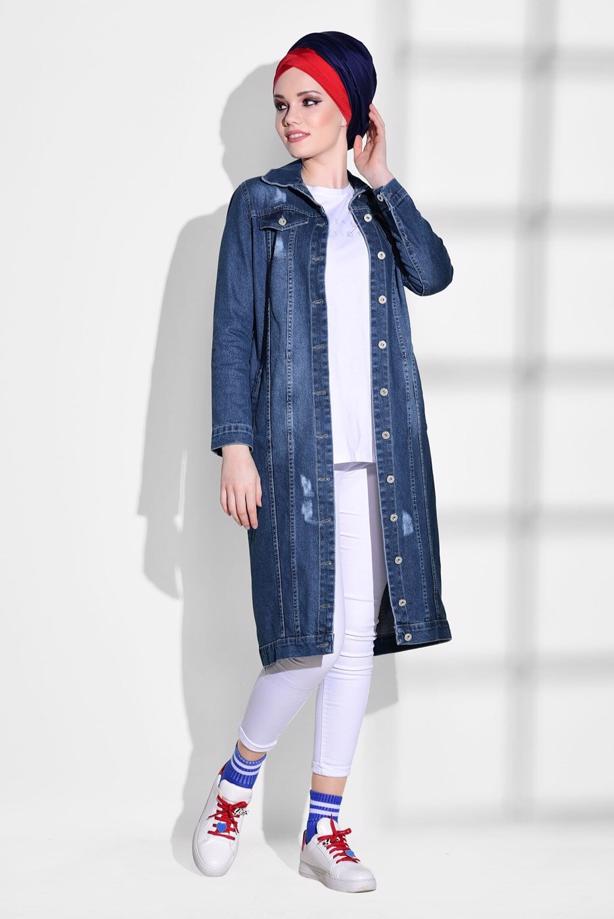 Hijab-Kleidung  T 9115 Lvr- Denim Trençkot - TRENDTESETTÜR