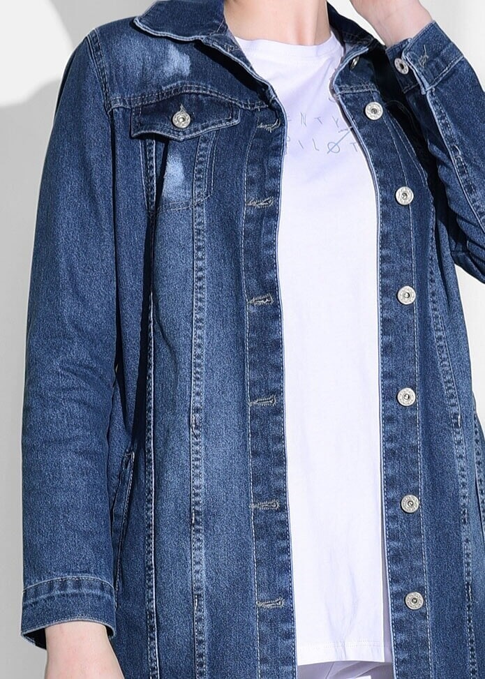Tesettür giyim LACİVERT T 9115 Lvr- Denim Trençkot