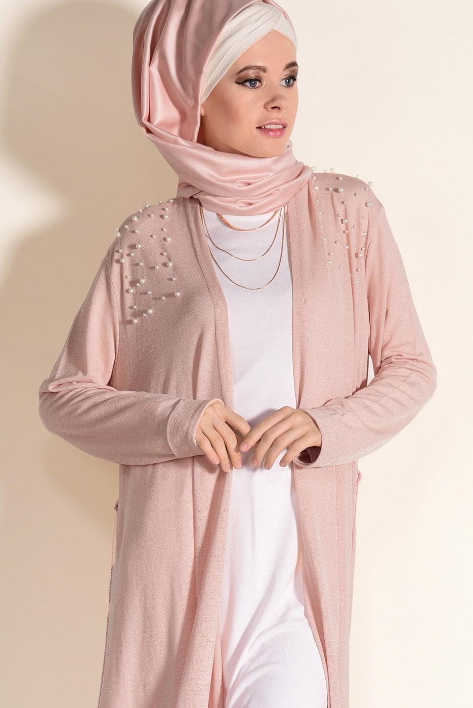 Tesettür giyim PUDRA İNCİ DETAYLI HIRKA 200832 