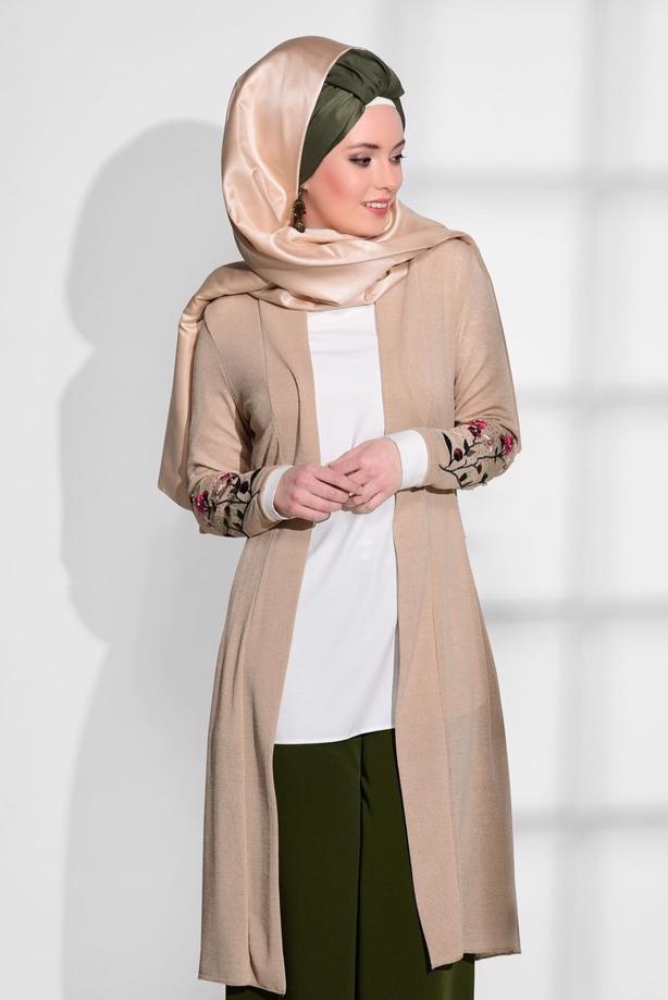 Vêtements hijab  T 19102 Lafaba- Kol Kısmı Nakış Detaylı Penye Hırka - TRENDTESETTÜR