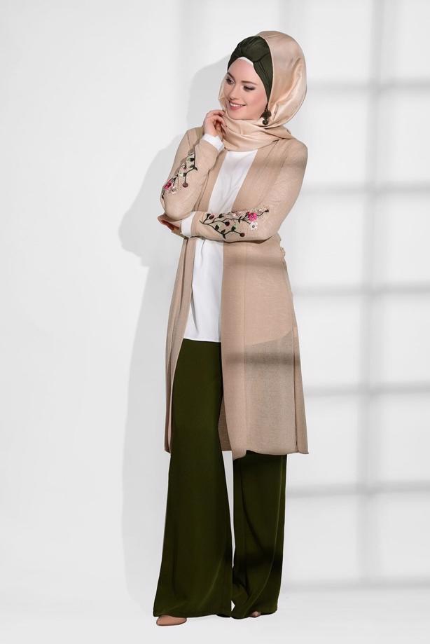 Vêtements hijab  T 19102 Lafaba- Kol Kısmı Nakış Detaylı Penye Hırka - TRENDTESETTÜR