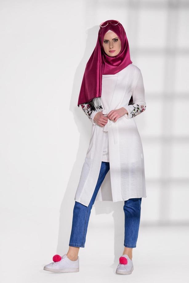 Hijab clothing  T 19102 Lafaba- Kol Kısmı Nakış Detaylı Penye Hırka - TRENDTESETTÜR