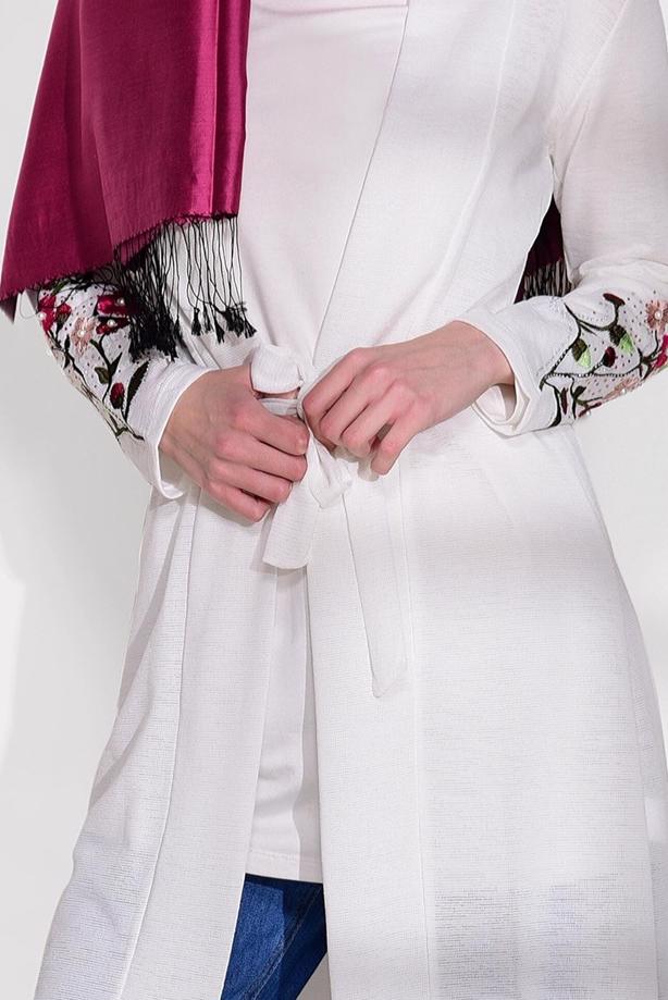 Hijab clothing  T 19102 Lafaba- Kol Kısmı Nakış Detaylı Penye Hırka - TRENDTESETTÜR