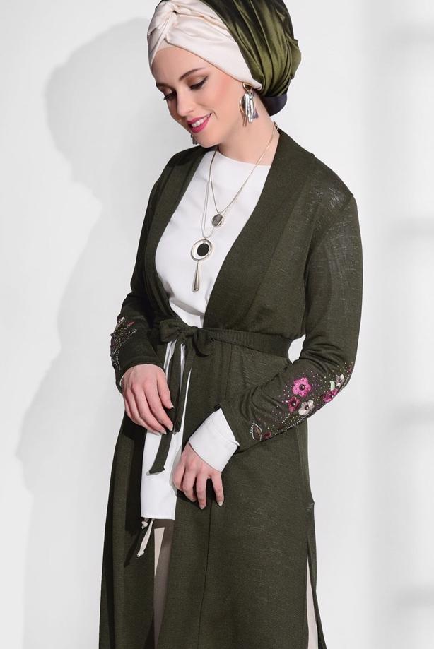 Vêtements hijab  T 19102 Lafaba- Kol Kısmı Nakış Detaylı Penye Hırka - TRENDTESETTÜR