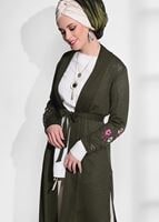 Vêtements hijab KAKI T 19102 Lafaba- Kol Kısmı Nakış Detaylı Penye Hırka