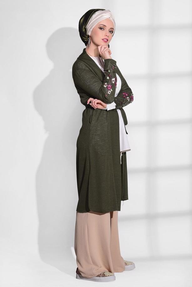 Vêtements hijab  T 19102 Lafaba- Kol Kısmı Nakış Detaylı Penye Hırka - TRENDTESETTÜR