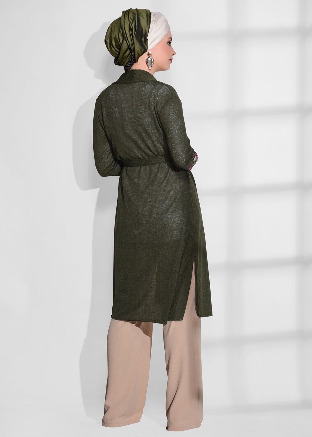 Vêtements hijab KAKI T 19102 Lafaba- Kol Kısmı Nakış Detaylı Penye Hırka