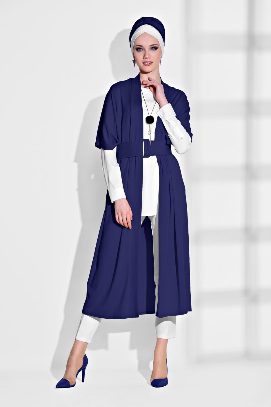 Tesettür giyim LACİVERT KEMER DETAYLI UZUN HIRKA 44761