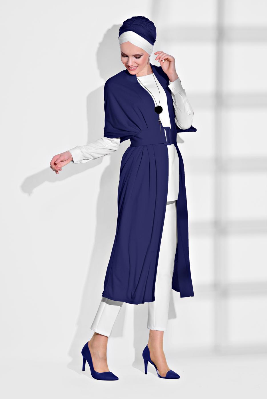 Tesettür giyim LACİVERT KEMER DETAYLI UZUN HIRKA 44761