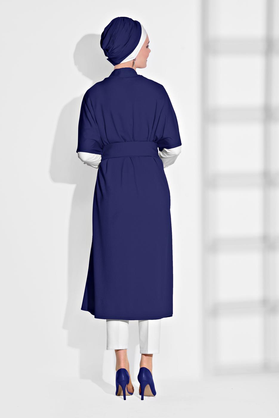 Tesettür giyim LACİVERT KEMER DETAYLI UZUN HIRKA 44761