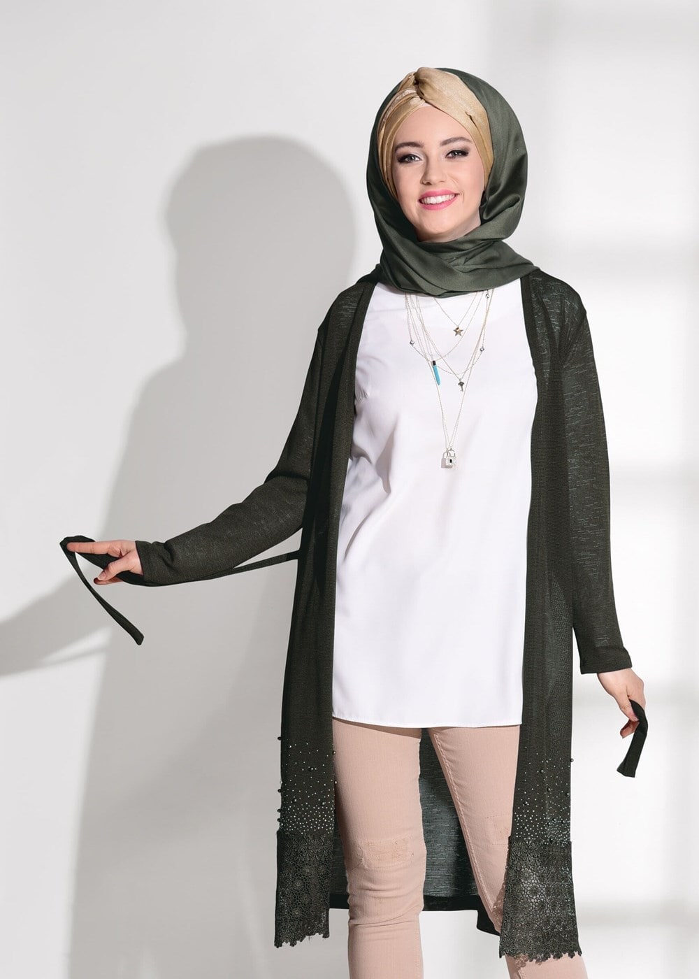 Vêtements hijab KAKI CARDIGAN DÉTAILLÉ GUIPURE 48102