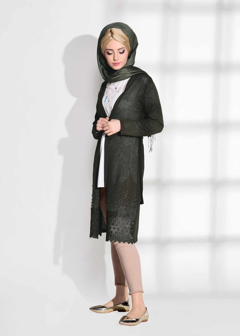 Vêtements hijab KAKI CARDIGAN DÉTAILLÉ GUIPURE 48102