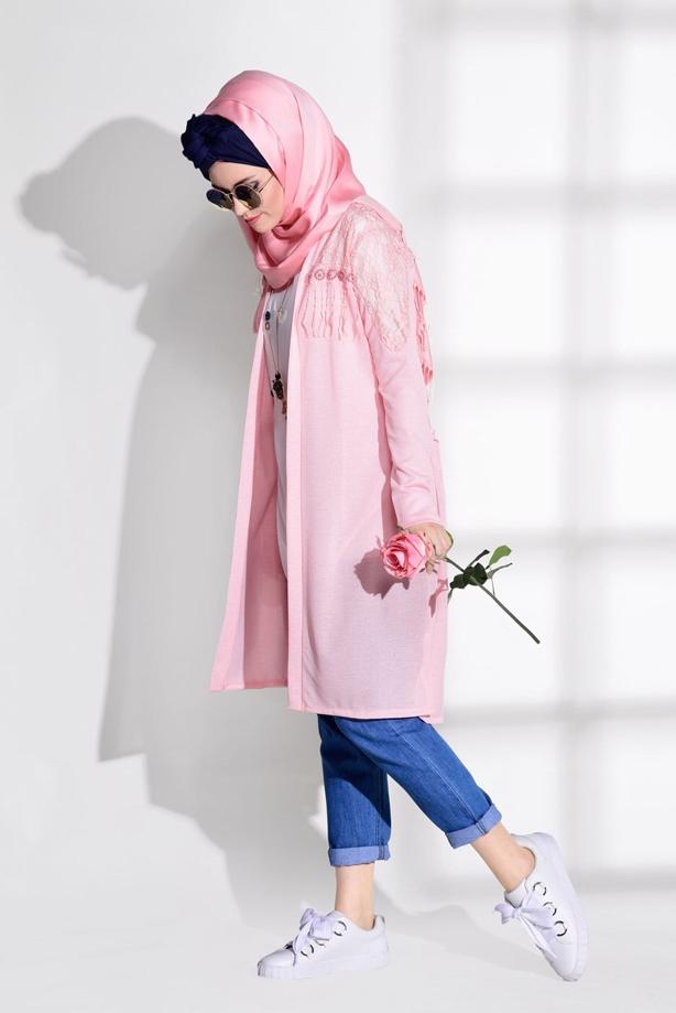 Vêtements hijab  GUIPURE DETAIL COMBED COTTON CARDIGAN 72081 - TRENDTESETTÜR