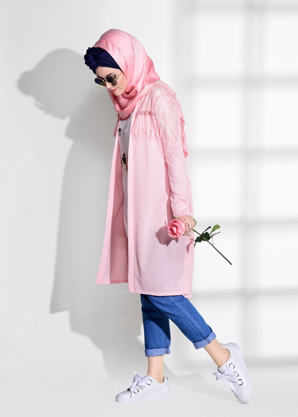 Vêtements hijab POUDRE CARDIGAN COTON PEIGNÉ DÉTAIL GUIPURE 72081