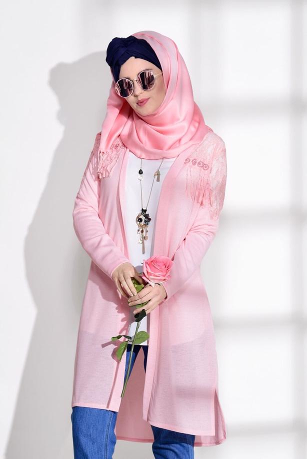Vêtements hijab  GUIPURE DETAIL COMBED COTTON CARDIGAN 72081 - TRENDTESETTÜR