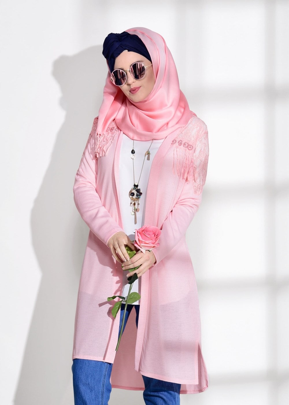 Vêtements hijab POUDRE CARDIGAN COTON PEIGNÉ DÉTAIL GUIPURE 72081