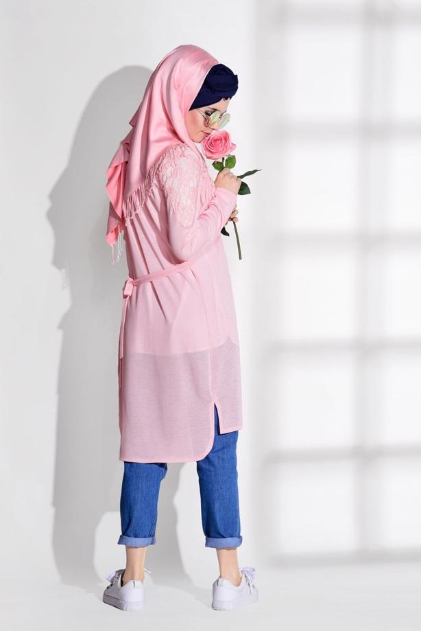 Vêtements hijab  GUIPURE DETAIL COMBED COTTON CARDIGAN 72081 - TRENDTESETTÜR