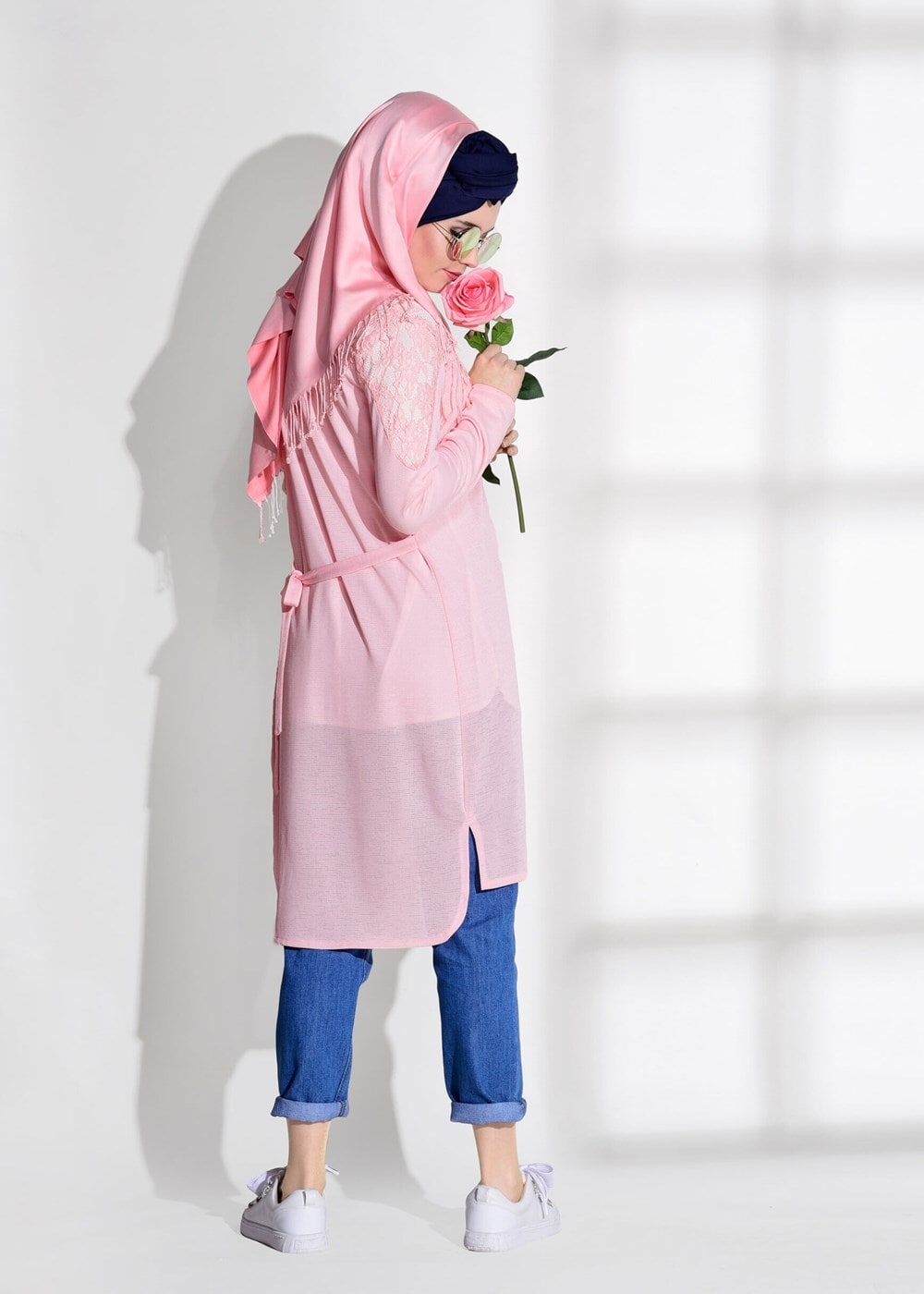 Vêtements hijab POUDRE CARDIGAN COTON PEIGNÉ DÉTAIL GUIPURE 72081
