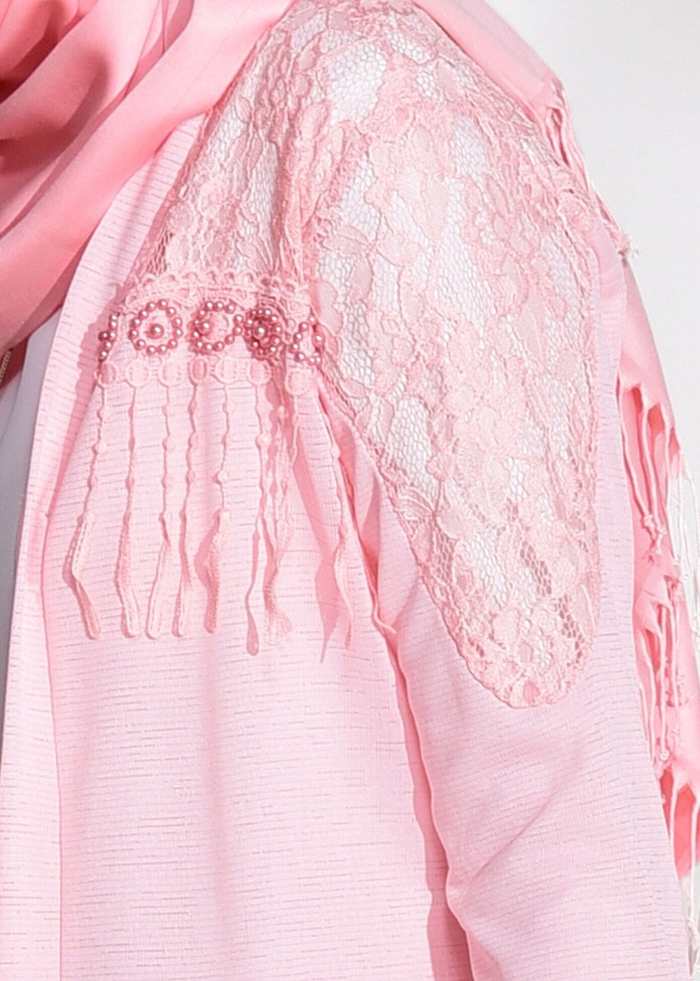 Vêtements hijab POUDRE CARDIGAN COTON PEIGNÉ DÉTAIL GUIPURE 72081