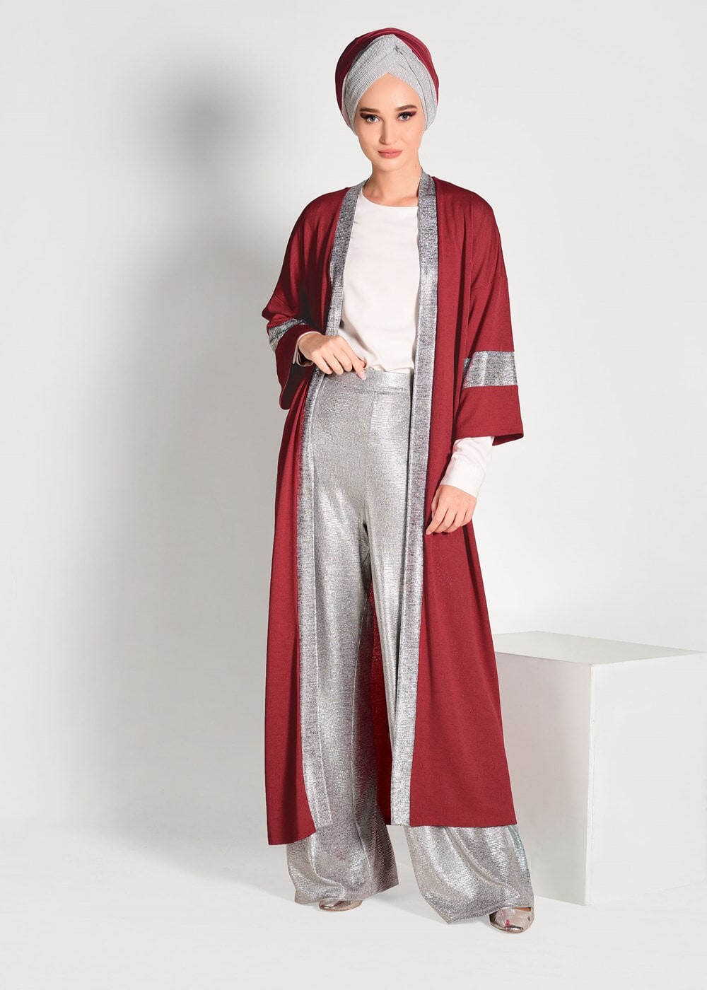 Tesettür giyim KIRMIZI SİMLİ ŞERİT DETAYLI HIRKA 75571