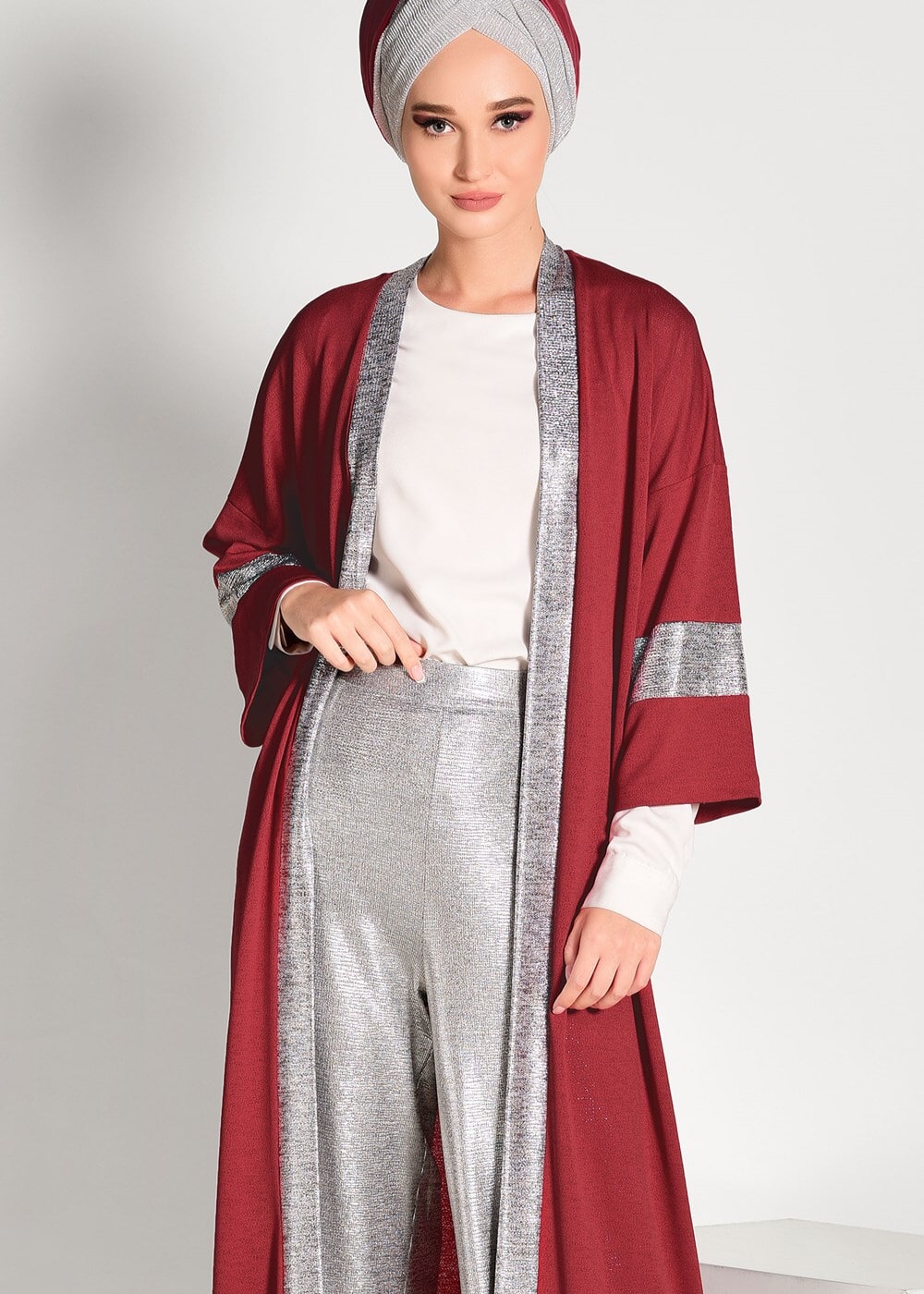 Tesettür giyim KIRMIZI SİMLİ ŞERİT DETAYLI HIRKA 75571