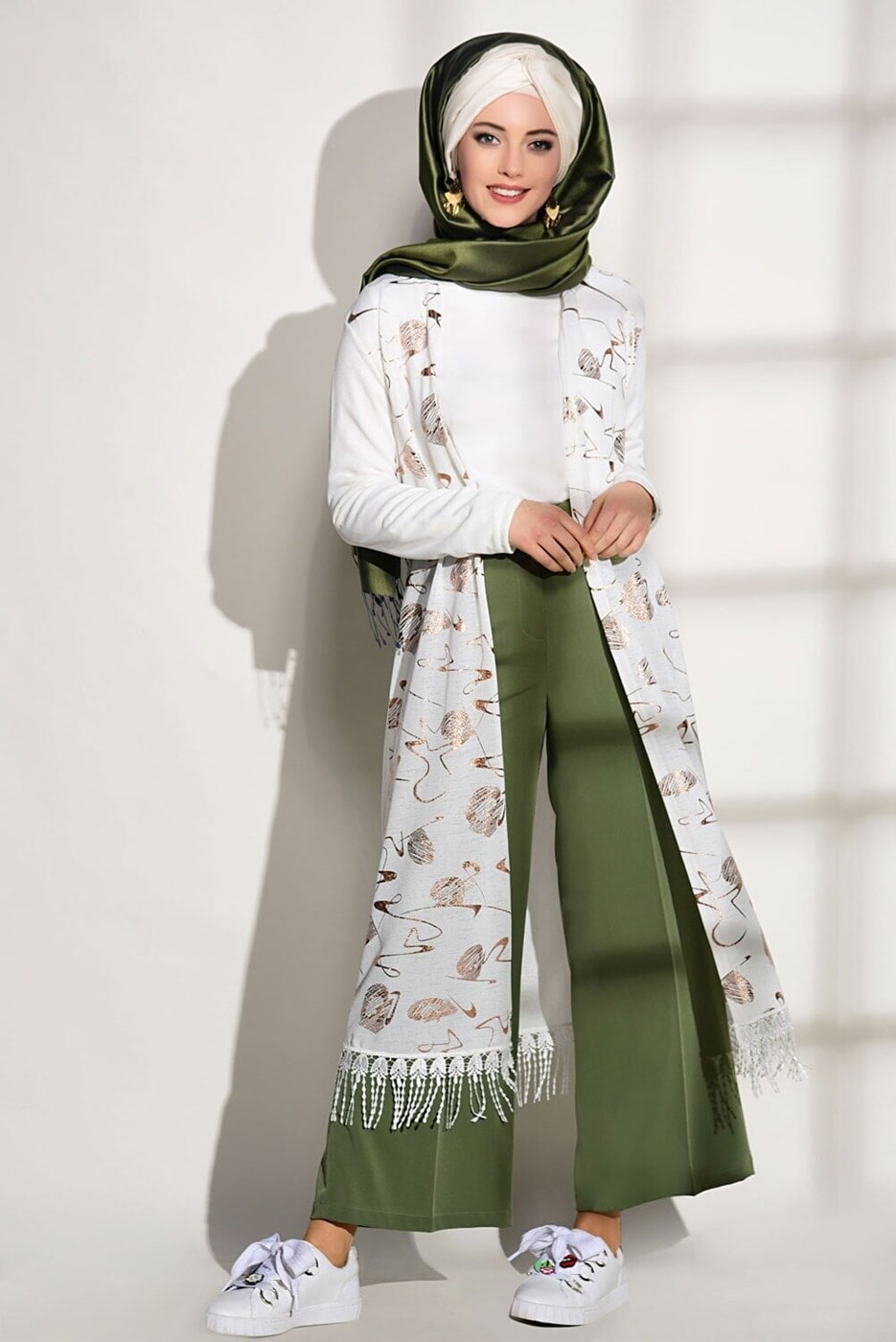 Tesettür giyim KREM DESENLİ UZUN HIRKA 81202 