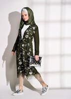 Tesettür giyim HAKİ DESENLİ UZUN HIRKA 81202 