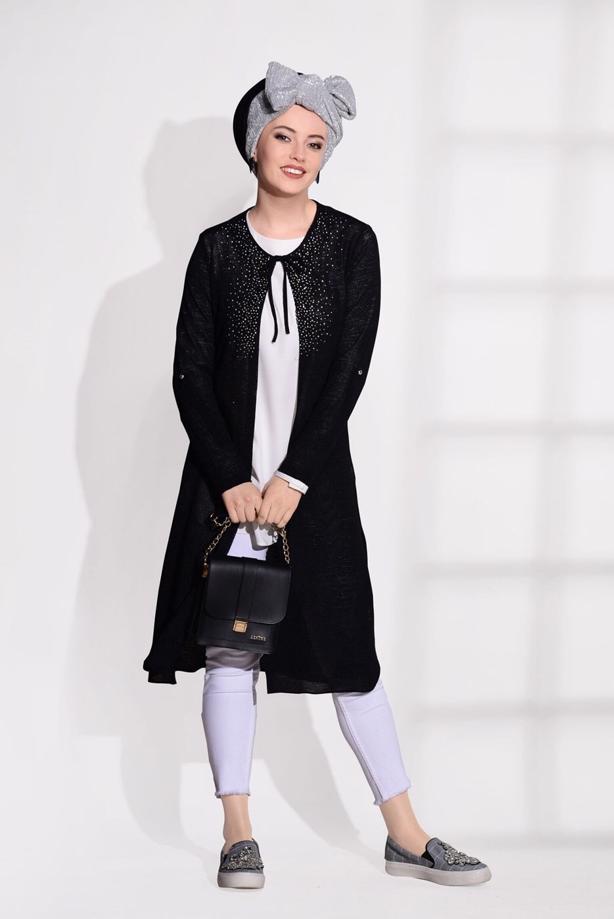 Tesettür giyim  BONCUK İŞLEMELİ PENYE HIRKA 87102  - TRENDTESETTÜR