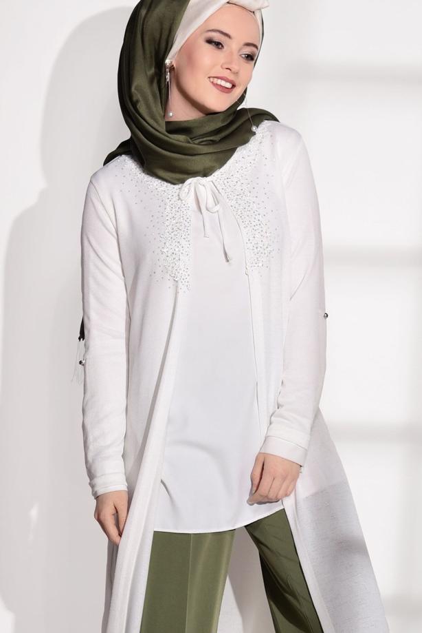 Tesettür giyim  BONCUK İŞLEMELİ PENYE HIRKA 87102  - TRENDTESETTÜR