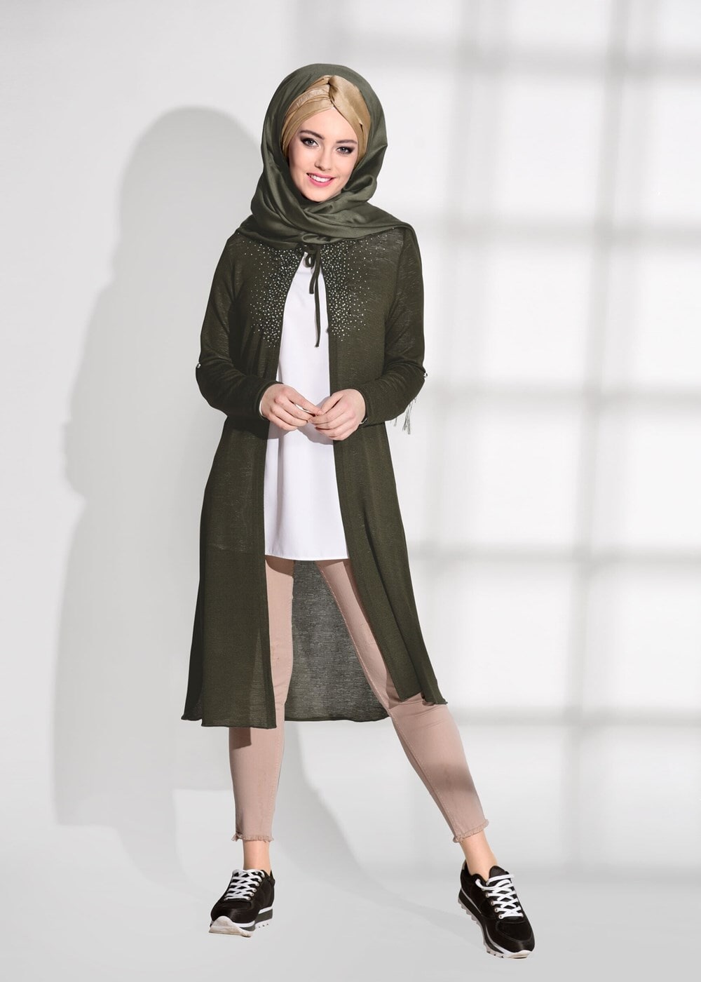 Vêtements hijab KAKI CARDIGAN COTON PEIGNE BRODÉ DE PERLES 87102
