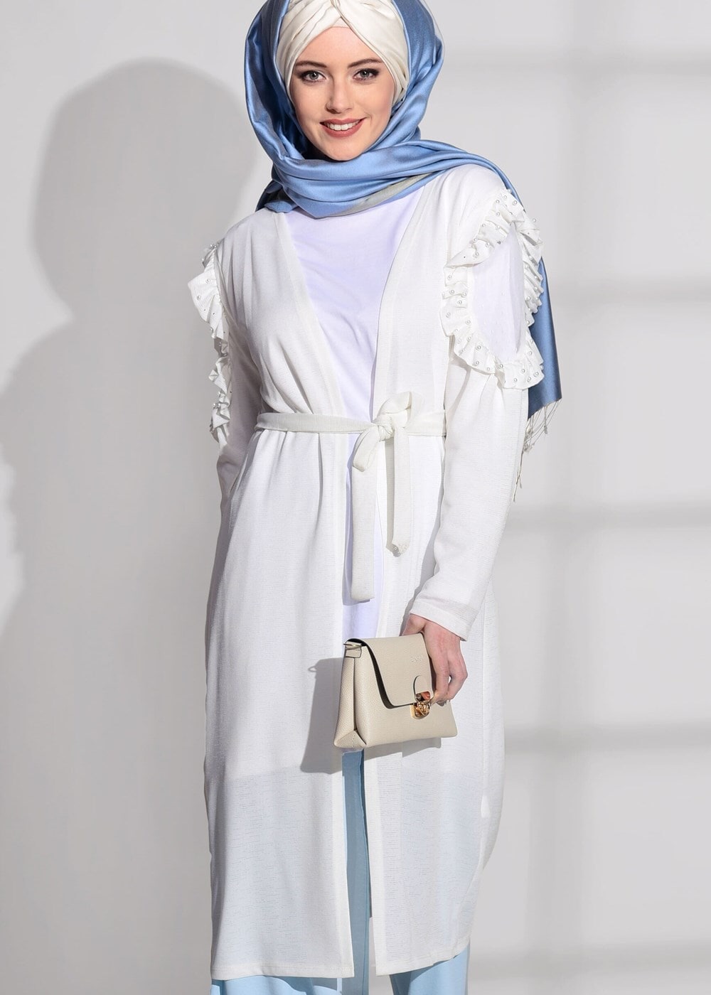 Vêtements hijab CRÈME CARDIGAN EN COTON PEIGNE AVEC DÉTAIL TULLE 92081