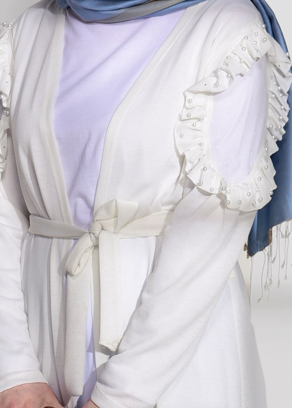 Vêtements hijab CRÈME CARDIGAN EN COTON PEIGNE AVEC DÉTAIL TULLE 92081