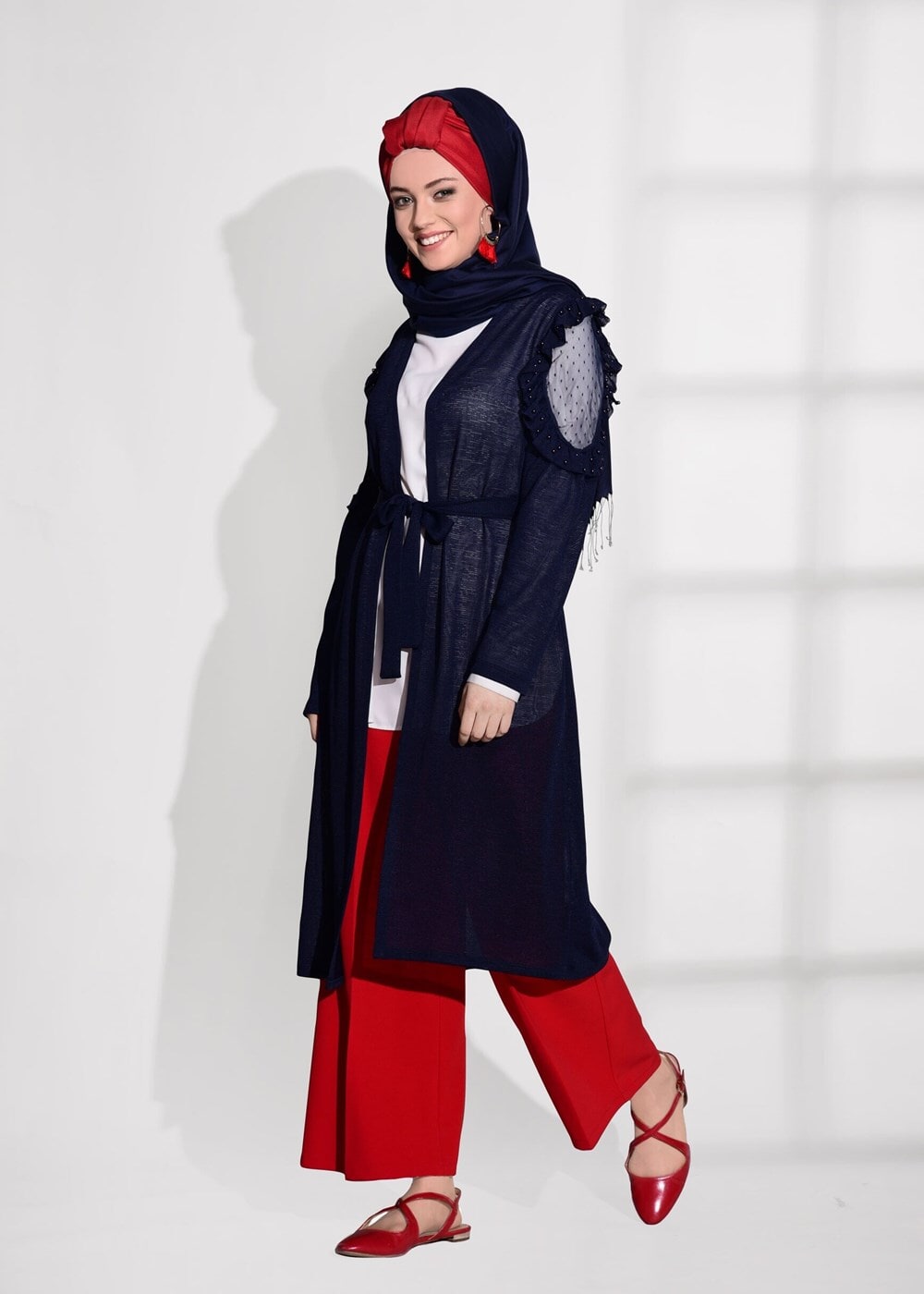 Hijab clothing NAVY BLUE TULLE DETAIL COMBED COTTON CARDIGAN 92081 