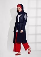 Hijab clothing NAVY BLUE TULLE DETAIL COMBED COTTON CARDIGAN 92081 