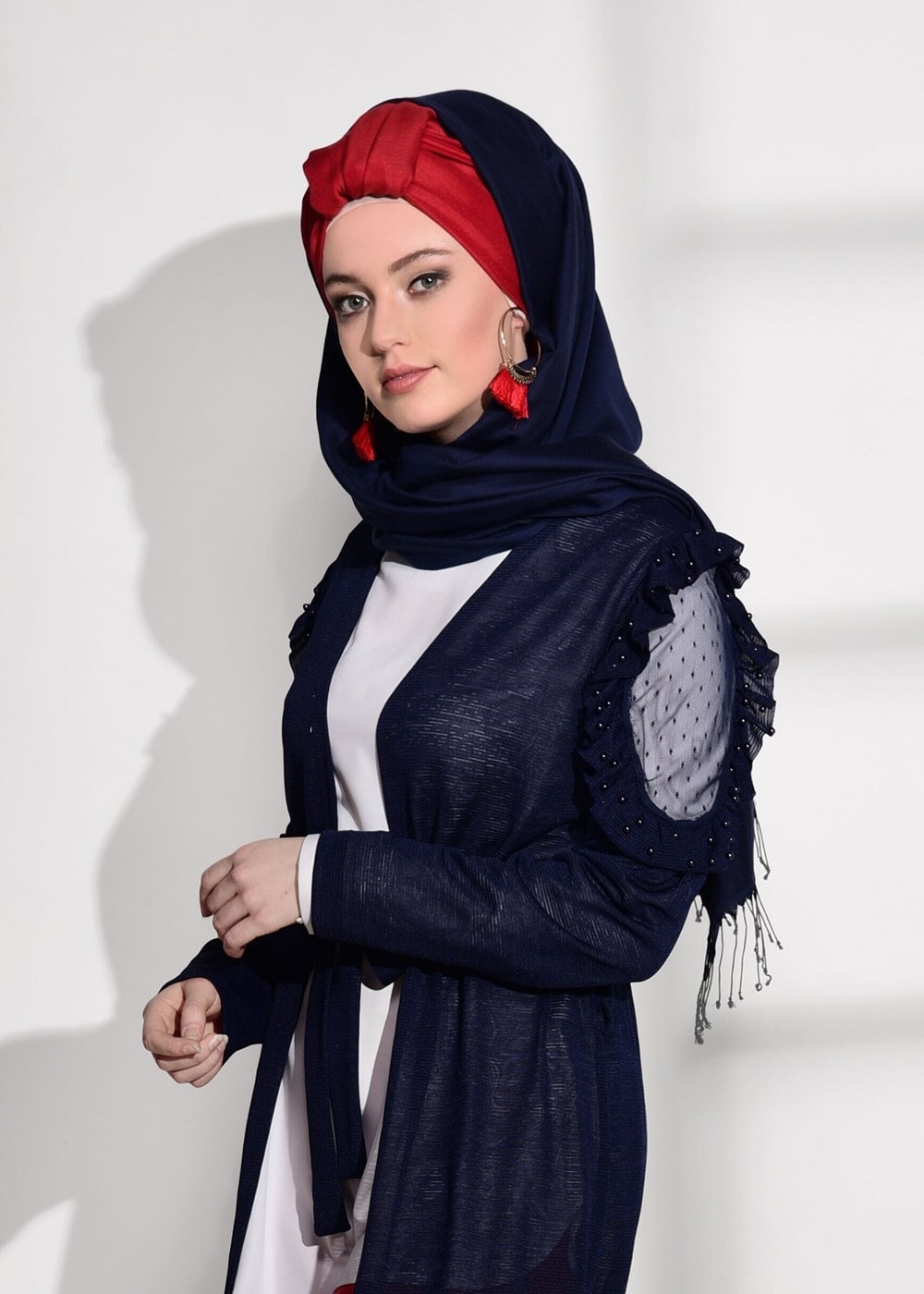Hijab clothing NAVY BLUE TULLE DETAIL COMBED COTTON CARDIGAN 92081 